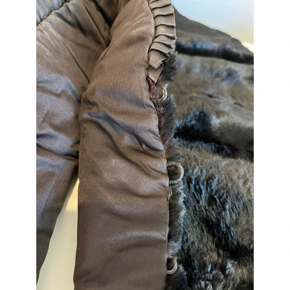 Vintage Fur Scarf Collar Shawl Wrap Black Plush w/ Ruching & Hook/Eye Closures
